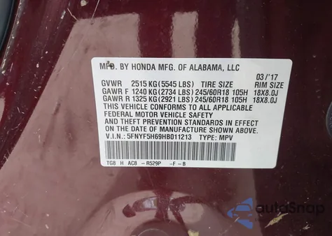 2017 Honda Pilot Ex-L from USA, damaged, VIN 5FNYF5H69HB011213